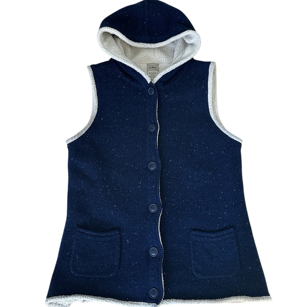 LL Bean Hooded Knit Vest Women Small Sleeveless Lambwool Blend Sherpa Lined Blue